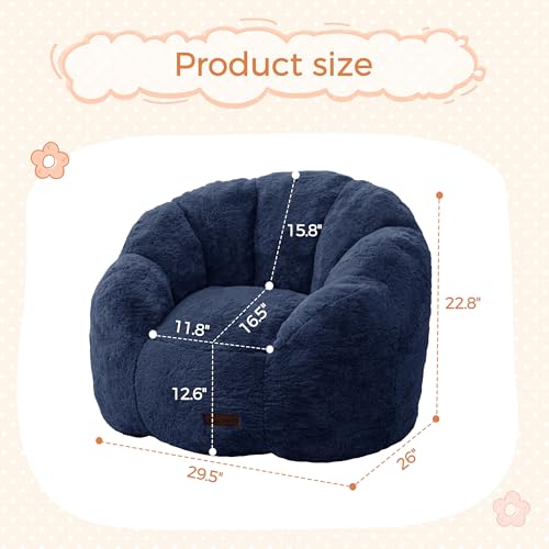 Image of MAXYOYO Kids Bean Bag Chair, Floral Shaped Bean Bag Sofa, Plush Faux Fur Toddler Couch with Petal Backrest for Boys Girls, Stuffed Cozy Sofa for Nursery, Bedroom, Navy