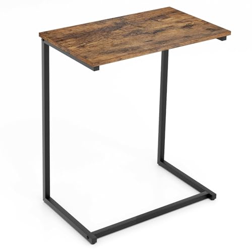 COSTWAY Mesa Auxiliar en Forma de C, Mesa de Sofá con Marco de Metal Resistente, Mesa de Centro Estructura Simple para Dormitorio, Sala de Estar, Marrón Rústico, 55 x 36 x 67,5 cm