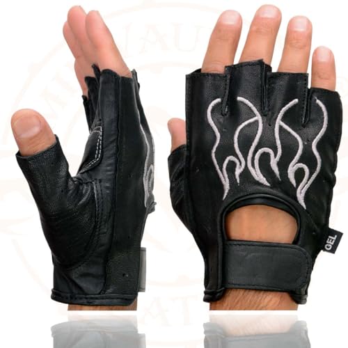 Image of Milwaukee Leather SH198 Men's Black Flame Embroidered Fingerless Gloves with Gel Palm | Padded Comfort; Vibration Relief; Flame Embroidery