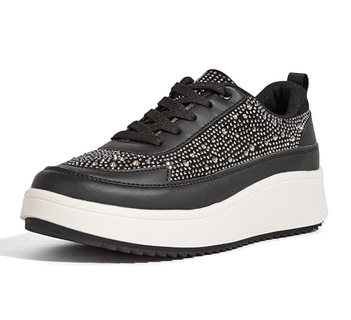 LUCKY STEP Damen-Plateau-Sneaker mit Strasssteinen, Modisch Klobig Lässig Funkelnd Retro-geflochtene Walking Schuhe (Schwarzer Strassstein, 8US-38EU-5UK)