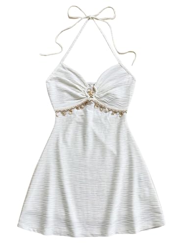 Milumia Women's Y2k Seashell Halter Mini Dress Textured Tie Back Sleeveless Vacation Going Out Dresses White Medium