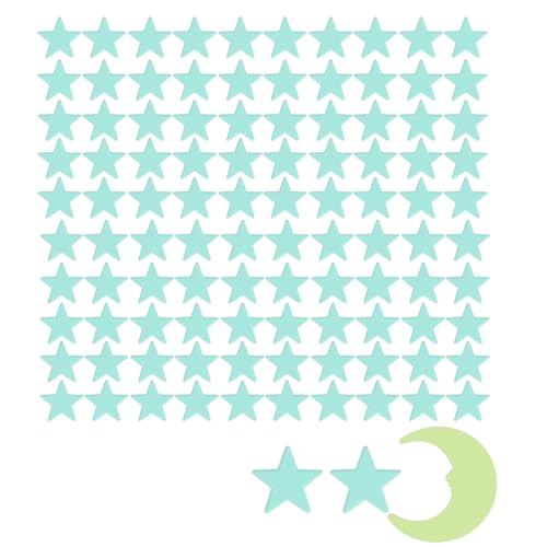 BAUCH Estrellas Fluorescentes Para Techo 1 Conjunto Pegatina Pared Luminosa (Estrellas Azules Profundas, Luna Amarilla, Decoración Habitación Infantil, Ambiente, para Familias)