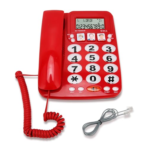 Corded Landline Phone, Hands Dial Photo Memory Corded Phone, Amplified Senior Desk Phone with Speaker and Memory, One Touch Dialing, Caller ID, Flashing Alerts, Backlit Display, Dual Ports (Red)