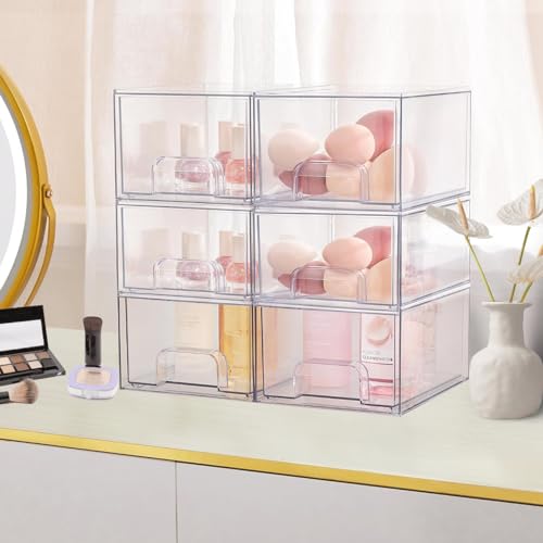 2 Stück Badschrank Organizer Box, Stackable Acryl Aufbewahrungsbox Schublade mit 16 rutschfeste Matte und Haltbarkeit, Organisationsboxen für Schlafzimmer Spülbecken Schreibtisch Badschrank Organizer