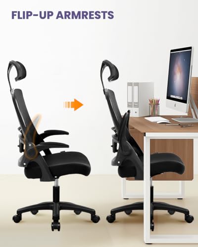 Image of NEO Chair Office Desk Chair Gaming Computer High Back Support Mesh Comfy Seat with Adjustable Ergonomic Headrest Lumbar Rolling Flip-up Armrests and Wheels (Mesh Black)