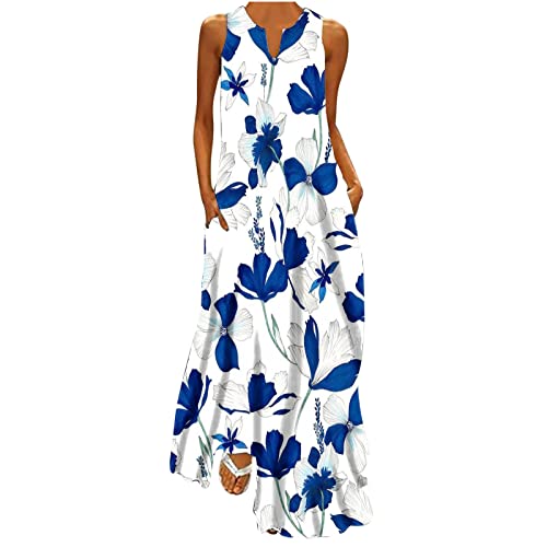 Royal Blue Sleeveless for Ladies Summer Fall Vneck Spandex Flower Print Maxi Long Loose Fit Lounge Dresses Womens 2025 Clothes Fashion Country Concert Y2K L