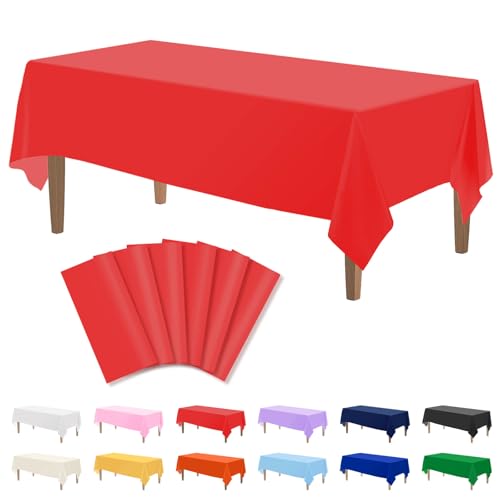 Image of Kopokita 6 Pack Red Plastic Tablecloths Disposable 54 x 108 Inch | Rectangle Table Cloths, Party Table Covers for Birthday, Wedding, Valentines, Mothers Day, Christmas Decorations