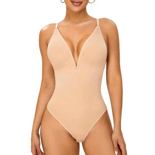 Deep V Neck Bodysuit Low Back Corset Shapewear for Women Tummy Control Thong Backless Body Shaper