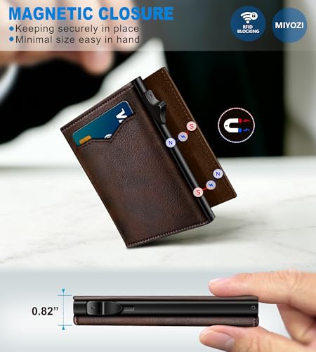 Image of miyozi Wallet for Men,with Cash Pocket 2 ID Window 9-13 Cards,Metal Case Smart Slim Pop Up Credit Card Holder Flip with Magnetic Closure RFID Blocking Trifold wallet with Gift Box