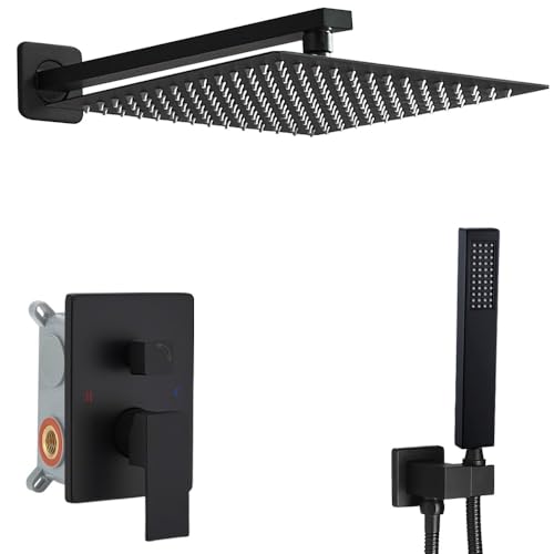 JingGang Sistema de ducha negro mate de 16 pulgadas, mezclador de lluvia de lujo, juego combinado de ducha montado en la pared y sistema de mano juego de grifo de ducha, cuerpo de válvula rugoso y