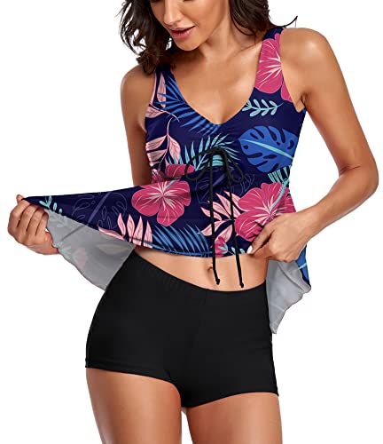 Image of Modest Tankini Swimsuits for Women Two Piece Bathing Suits Floral Print Tank Top with Boyshorts Tummy Control Swimming Suits