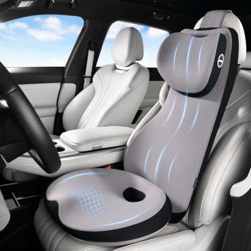 Image of FLORICH Memory Foam Car Seat Cushion and Lumbar Support Headrest Pillow, Ergonomic Breathable Back Support, Wider Design Adjustable Head Neck Pillow for Car Truck Seat Sciatica Tailbone Pain Relief