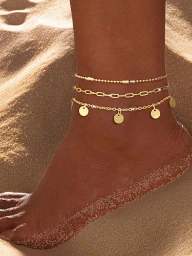 Image of Gold Ankle Bracelets for Women,14k Gold /Silver Plated Waterproof Layered lightweight Cuban Link Figaro Chain Heart anklet Bracelets Set Gold Anklets for women Trendy Jewelry Gift