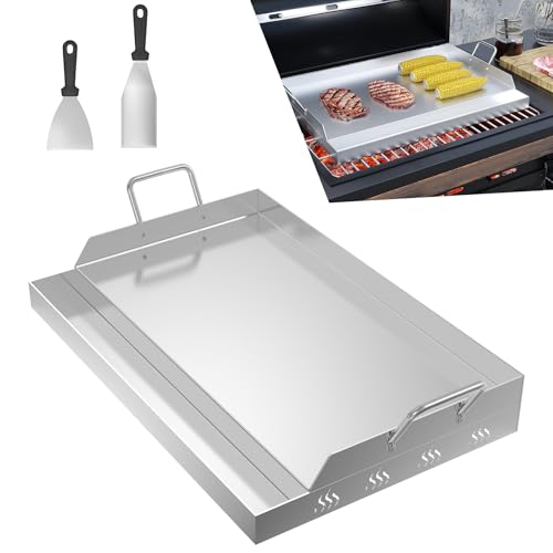 UISEBRT Plancha de acero inoxidable, 54 x 32 x 7 cm, incluye 2 espátulas y asas, bandeja con canalón de aceite, accesorio para barbacoa de carbón y gas