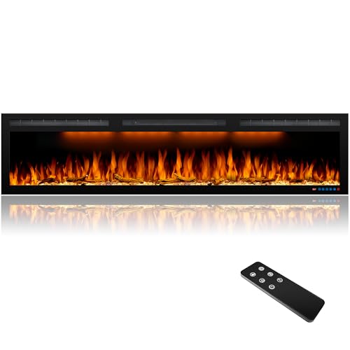 72 inches Electric Fireplace, Recessed and Wall Mounted Fireplace Heater and Linear Fireplace Inserts, Adjustable Heaing& Remote Control& Touchscreen, Multicolor Flame & Realistic logs,1500W, Black