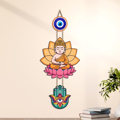 Image of Artvibes Buddha Lotus Wall Hanging with Evil Eye and Hamsa Hand | Spiritual Meditation Decor for Positive Energy & Mindfulness | Decorative Hanging for Living Room | Yoga Room and Entrance (WH 8593N)