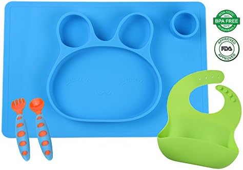 Mealtime Essentials, Silicone Bunny Placemat, Ultra Soft Silicone Bib, Child-Safe Spoon & Fork Set by SunKewl