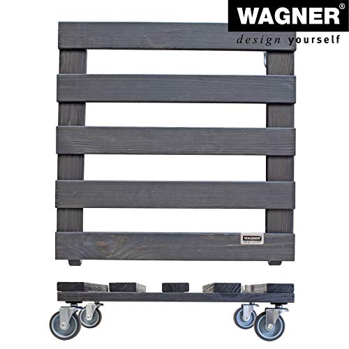 WAGNER Pflanzenroller PALETTI 38 x 38 x 9,5 cm I Kübelroller für Außenbereich + Innenbereich I FSC®-Massivholz, anthrazit, softe Rollen I Tragkraft 120 kg I Made in EU - 20041201