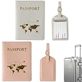 ZDNT Reisepasshülle,2 Stück Reisepasshülle mit 2 Kofferanhänger,Passport Holder,Passport Cover,PassportHülle,Kofferanhänger für Kreditkarten,Ausweis und Reisedokumente(Rosa,grau)
