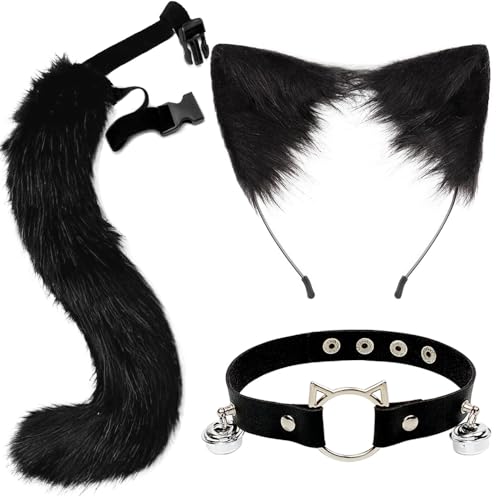 ZDQC Kunstpelz Fuchsschwanz,Katze Flauschiger Schwanz und Leder Halskette Set,Flauschige Katzenohren,Flauschige Fuchs Accessoire,Halloween Party...