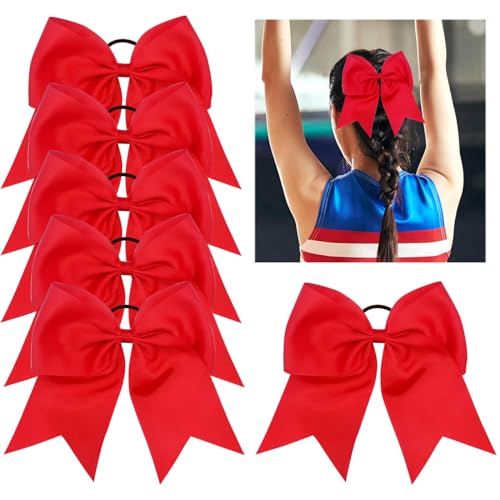 6 Packs Cheer Bows 8 Inch Jumbo Cheerleading Hair Bow Large Cheer Hair Bows with Ponytail Holder for Teen Girls Softball Cheerleader Hair Bows (Red)