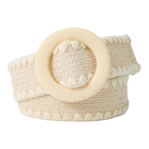 Women PP Straw Braided Elastic Belt Thread Deco Edge with Round Buckle