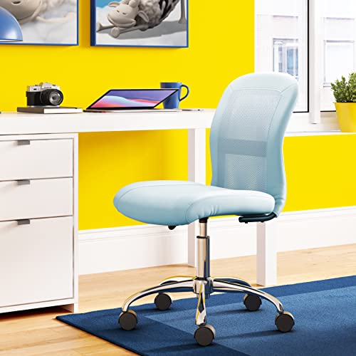 Image of Serta Essential Armless Task Chair, Small Desk Chairs with Wheels, Breathable Mesh Back and Faux Leather, Quality Foam Cushion Seat for Comfort, Minimal Design for Vanity Table, Blue