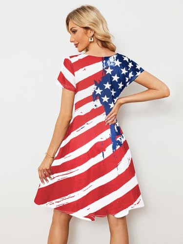 Image of LUKYCILD American Flag Dress Women 4th of July Patriotic Shirt USA Stars Stripes Dresses Sexy V- Neck Summer Sundress