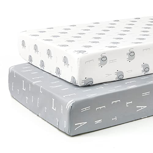Image of TILLYOU Baby Crib Sheets for Boys Girls, Fitted Crib Sheet 2 Pack for Standard Crib and Toddler Mattresses, Super Soft Toddler Bed Sheets, 28"x52"x8", Grey Elephant & Grey Letters