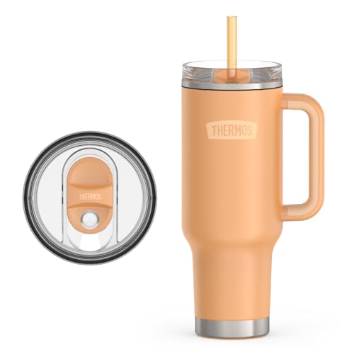 Image of THERMOS Stainless Steel Cup Holder Mug - 40 Ounce, Melon - Insulated Tumbler with Lid and Straw, Plus Leak-Resistant Slide Lock