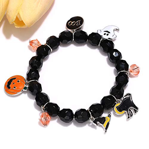 NVENF 2PCS Halloween Bracelets for Women Pumpkin BOO Ghost Charm Bracelets Black Bead Stretch Bracelet Set Costume Party Gifts4