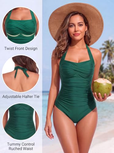 Image of Smismivo Tummy Control Swimwear Halter One Piece Slimming Vintage Retro Swimsuit Womens Ruched Push Up Bathing Suit