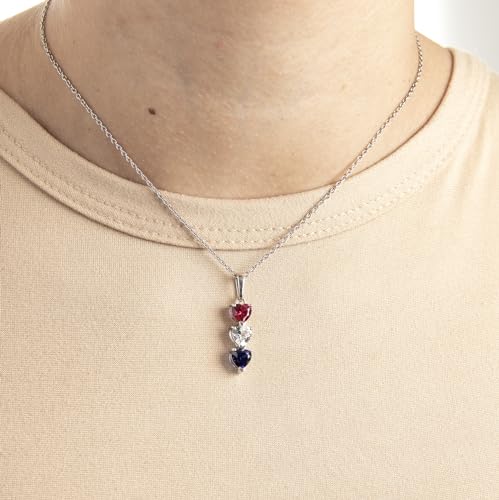 Silver Smile Sterling Silver 3 Birthstone Pendant for Women – Lab-Grown Ruby, White & Blue Gemstones – Hypoallergenic & Tarnish Resistant – 925 Rhodium-Plated Pendant – Elegant Patriotic Gift for Her3