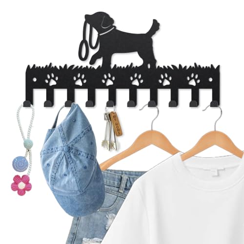MAYJOYDIY Hunde Kleiderhaken Wandhalterung Hundeleine Metall Schlüsselhalter Für Die Wand 25×12cm 10 Haken Dekorative Hundepfote Schwarze Schlüsselhaken Zum Aufhängen von Mänteln Hüten
