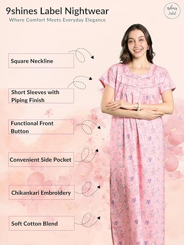 Image of 9shines Label Stylish Chikankari Cotton Nighty Maxi for Women | Full Length Nightgown | Nightdress with Pocket | Embroidery Nighty | Soft Comfortable Cotton Nightwear (1545)