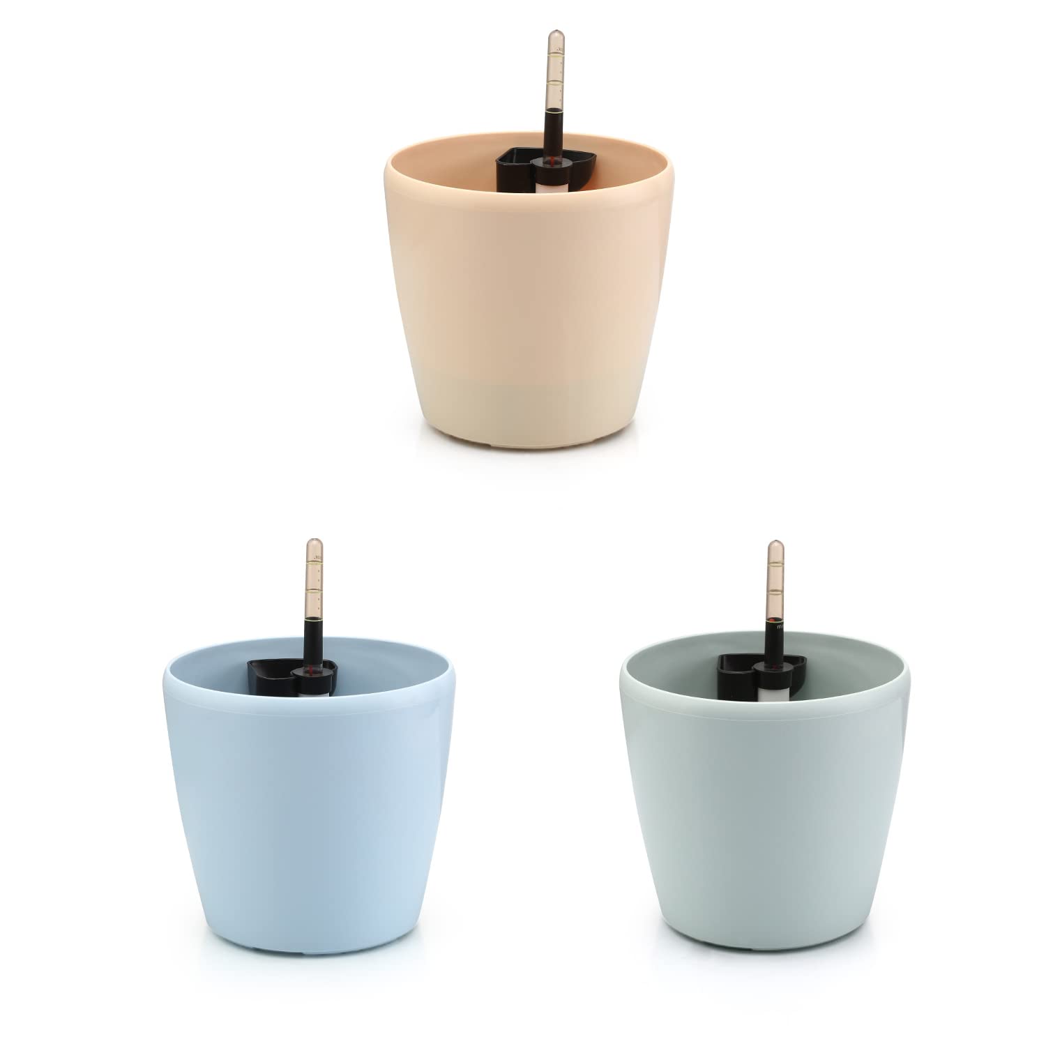 Optibuy Round Self Watering Planter, 3 Colors Pack 10.6 Inch Double Layers Flower Pot, Plastic Plant Pot with Water Gauge for All Indoor House Outdoor Garden Plants, Flowers, Herbs