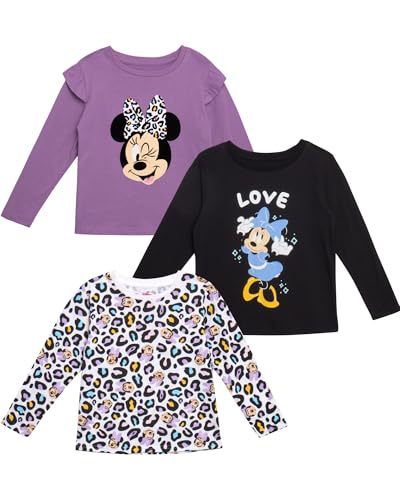 Disney Minnie Mouse Princess Girls Shirts - 3 Pack Long Sleeve Girls Graphic Tees for Toddler and Little Kid (Size 3T-7), Size 4T, Minnie Mouse Bow