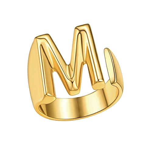 Initial M Ring Gold Bold Letter Alphabet Statement Name Rings for Women, Stacking Knuckle Finger 18K Gold Plated Adjustable Fashion Open Rings Personalized Jewelry Gift