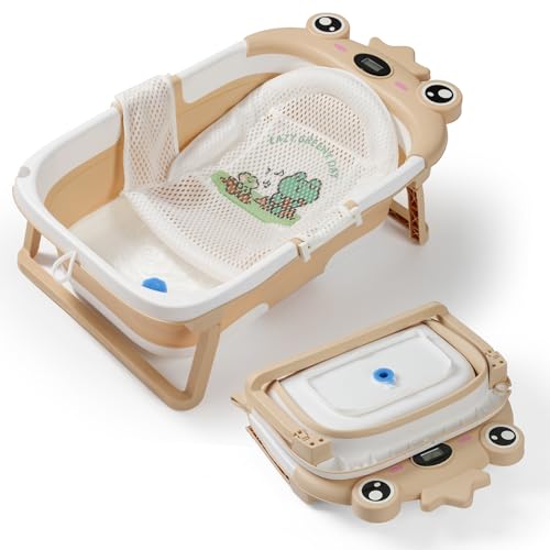 Image of Baby Bathtub,Collapsible Baby Bath Tub with Soft Cushion & Thermometer, Space Saving Foldable & Travel Newborn Bathtub for Infant to Toddler 0-36 Months, Frog Beige