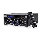 2 Canales Amplificador, 1000W Audio Estéreo, Bluetooth 5.3 Mini Hi-Fi Amp, para Dos 60W x2 Altavoces de Unas 10 Pulgadas, Bass/Treble/AUX/FM/MIC/USB, para TV, para el hogar o tu Coche (398A)