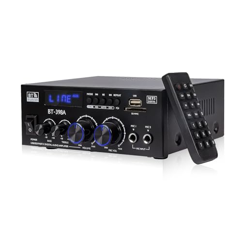 2 Canales Amplificador, 1000W Audio Estéreo, Bluetooth 5.3 Mini Hi Fi Amp, para Dos 60W x2 Altavoces de Unas 10 Pulgadas, Bass/Treble/AUX/FM/MIC/USB, para TV, para el hogar o tu Coche (398A)