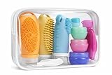 Y&Co 14 Piece Travel Toiletries Set, 3 Silicone Bottles with bristles to brush body/hair with lock feature, 3 Cream Jars and Spatulas, 2 toothbrush covers, 1 Face Scrubber, 1 Label Sheet and Bag