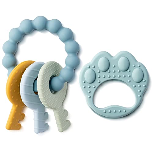 Image of BWkoss 2Pcs Silicone Teething Toys for Babies, Blue Baby Wrist Teething Toys Infants Soft Teether Toys Toddlers Key Paw Design Toys Baby Shower Birthday Fall Thanksgiving Gifts for Baby Boy and Girl