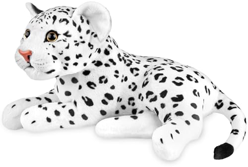 BRUBAKER Leopard Kuscheltier - 30 cm Stofftier - Baby Plüschtier Raubkatze Liegend - Kinder Plüsch Spielzeug - Weiß
