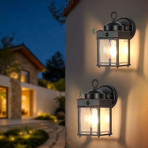 Kainozoic Dawn to Dusk Sensor Motion Sensor Outdoor Wall Light Fixtures Waterproof Black Exterior Porch Lighting Fixture Anti-Rust Outdoor Wall Lantern for House -2 Pack