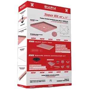 GURU USA SuperKit Square Shower Kit with Heavy Duty Tray, Water-Stop Membrane Roll, & Hair Strainer, Bathroom Accessories Set without Drain, 48″ x 72″, Center Drain, PVC Connector