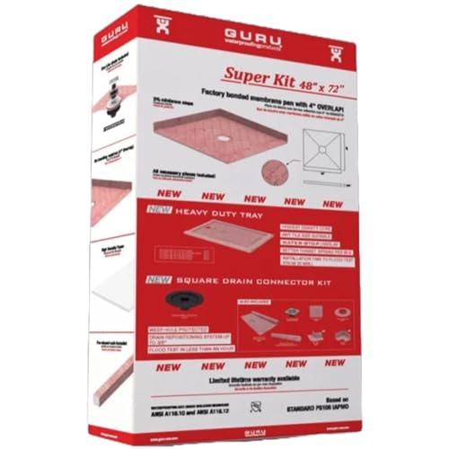 GURU USA SuperKit Square Shower Kit with Heavy Duty Tray, Water-Stop Membrane Roll, & Hair Strainer, Bathroom Accessories Set without Drain, 48" x 72", Center Drain, PVC Connector