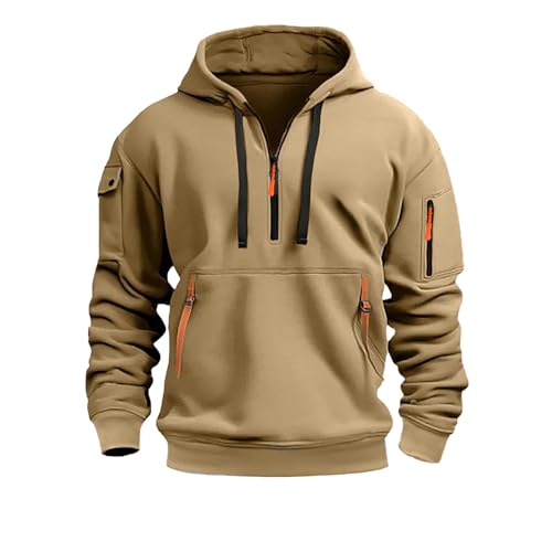 Men's Sweatshirts Pullover Hoodies Cargo Quarter-Zip Hooded Sweatshirt with Pockets Outdoor Hoodie Drawstring