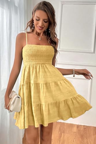Image of HVEPUO Women Spaghetti Strap Sleeveless Smock Cami Mini Dress Summer Vacation Flowy Boho A Line Swing Short Dresses for Women