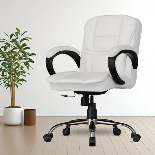 Image of FUGO FG233 Ergonomic Medium Back Office Chair with 3-Year Warranty, Adjustable Height, Cushioned Back&Seat, Tilting Mechanism, Heavy-Duty Metal Base, Dual Nylon Casters-Ideal for Work,Study (White)
